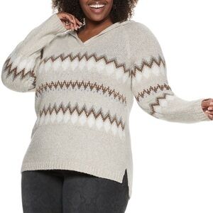 EVRI Women's Fairaisle Oat Hooded Tunic Sweater 1X